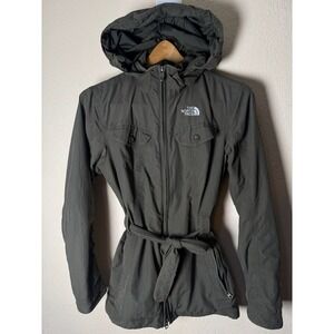 The North Face‎ Womens Hooded Rain Coat Belted Olive Green Jacket - S *Hole*